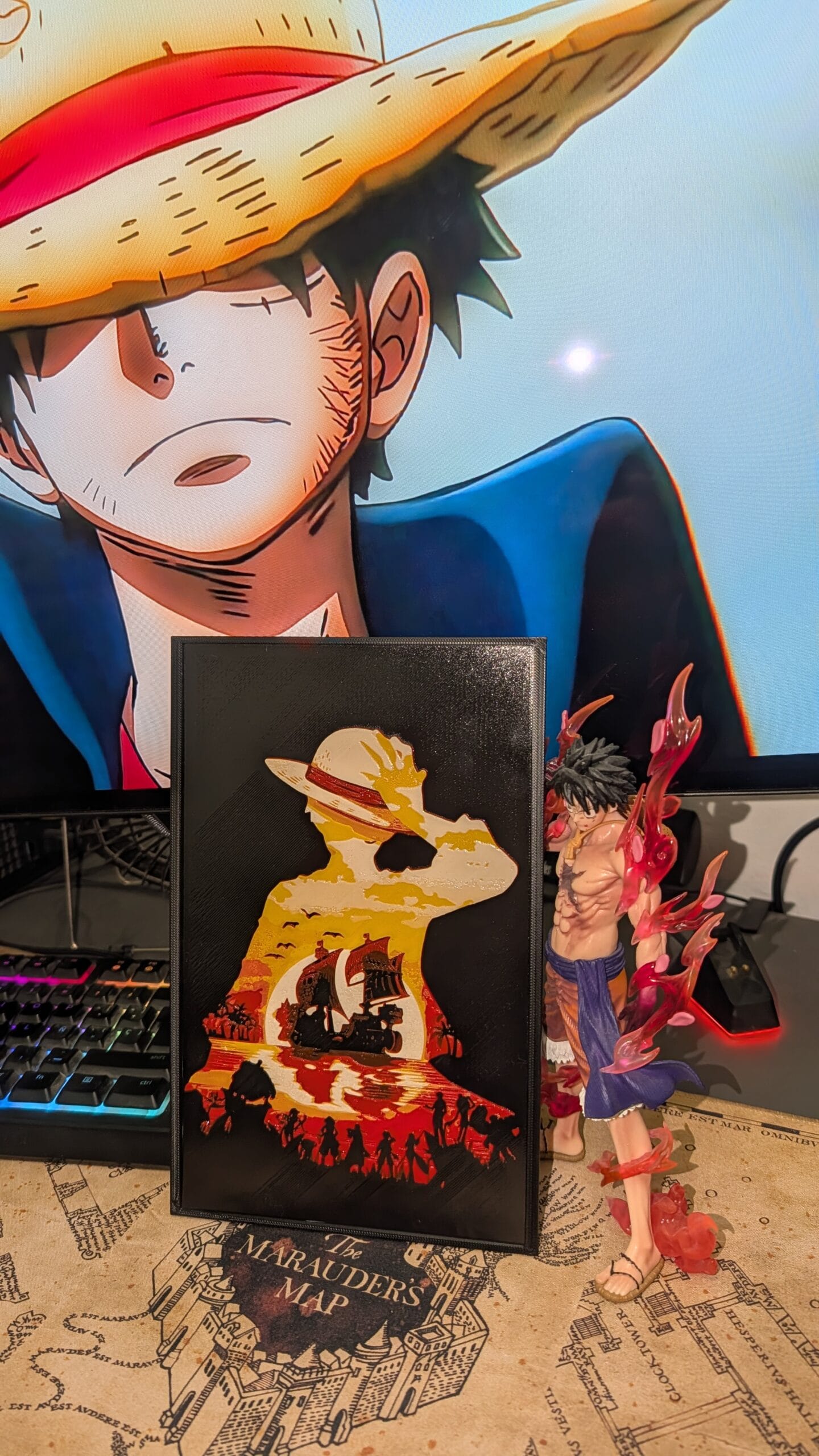 Cuadro 3D one piece de Luffy y el Thousand Sunny al atardecer
