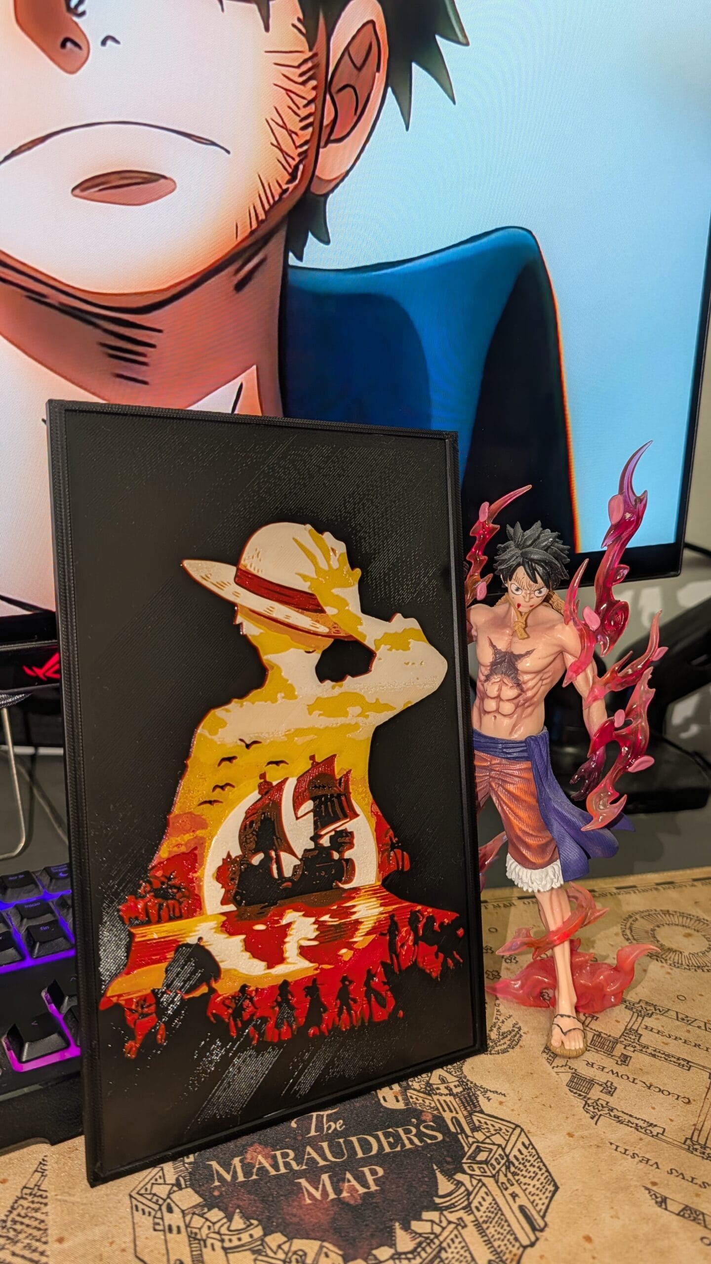 Cuadro 3D one piece de Luffy y el Thousand Sunny al atardecer