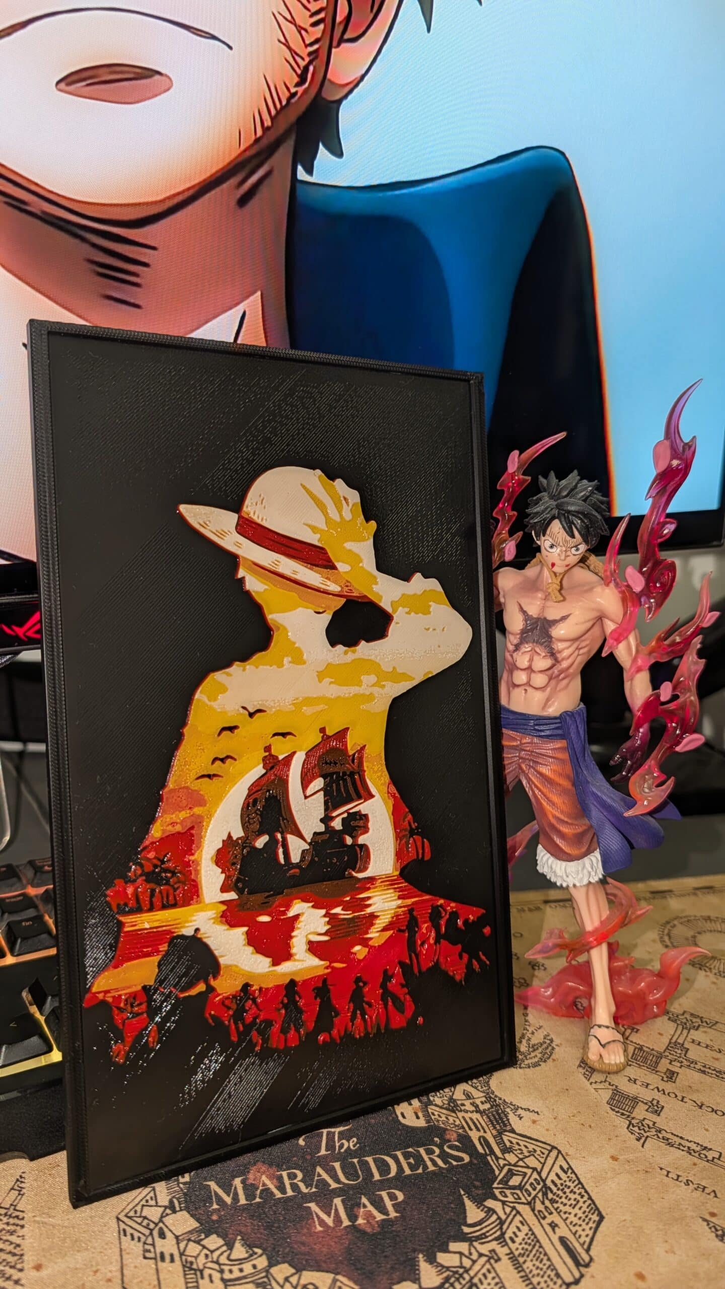 Cuadro 3D one piece de Luffy y el Thousand Sunny al atardecer
