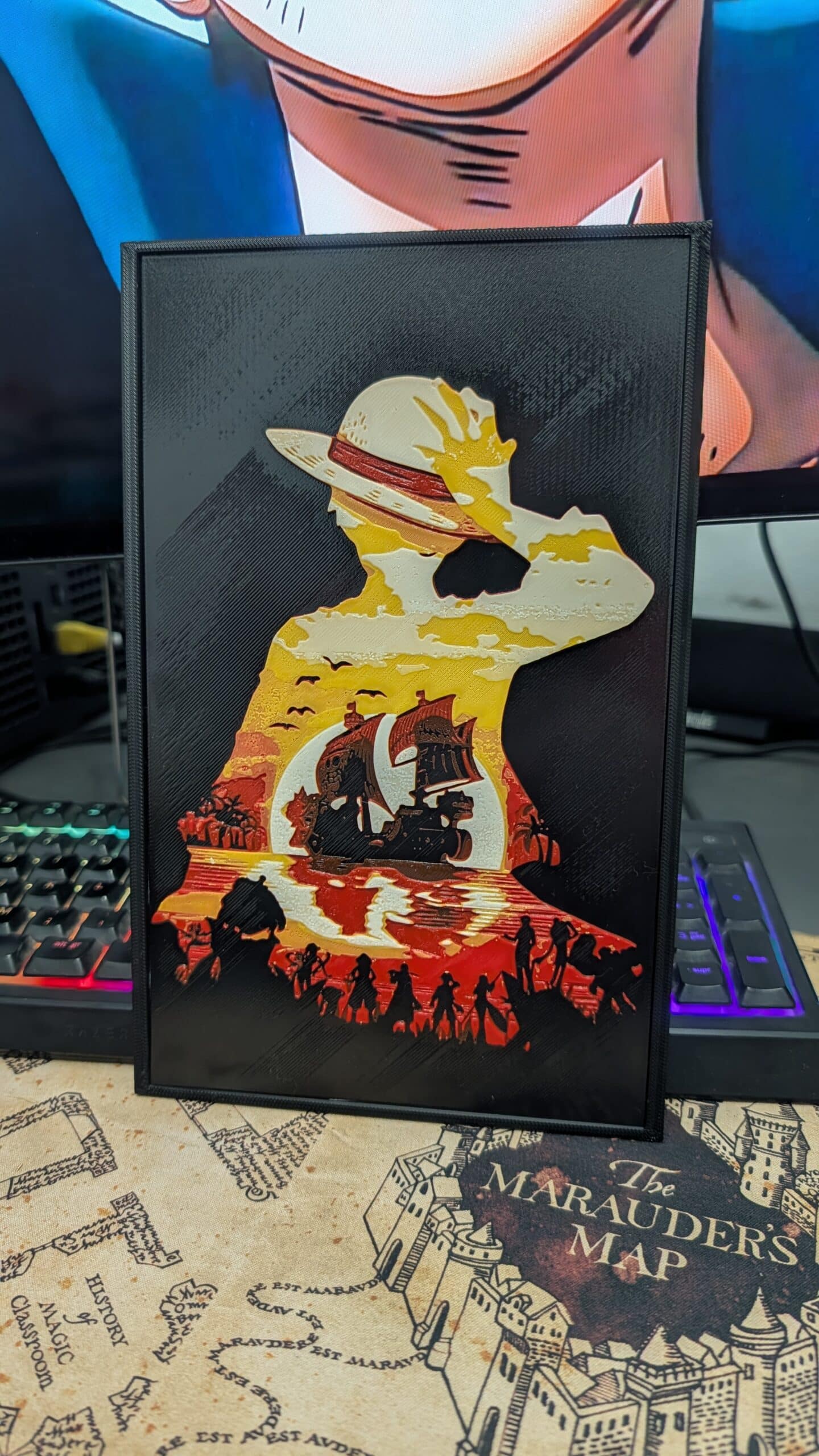 Cuadro 3D one piece de Luffy y el Thousand Sunny al atardecer